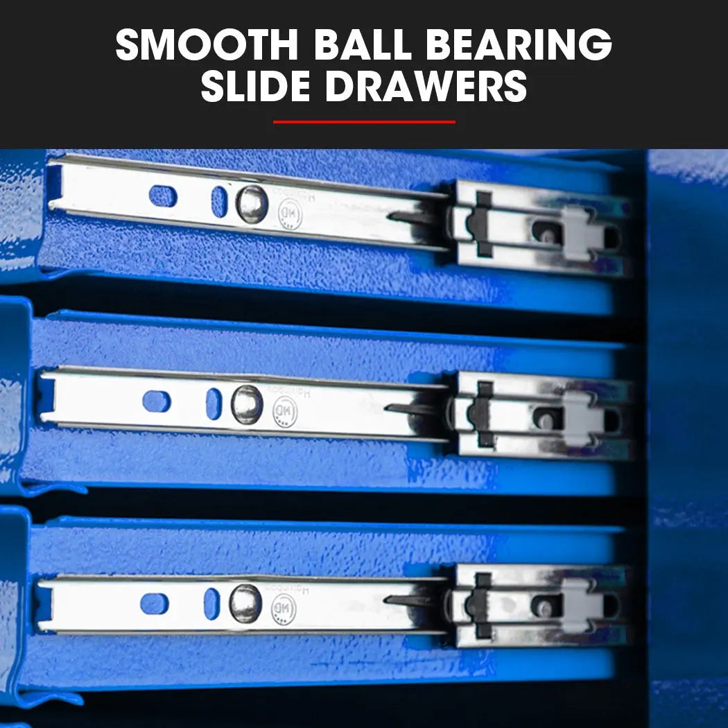 Close-up of ball bearing drawer slides with EVA foam lining on professional tool cabinet