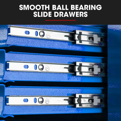 Close-up of ball bearing drawer slides with EVA foam lining on professional tool cabinet