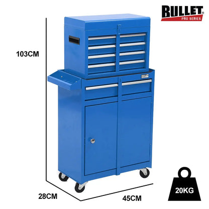 Complete stacked tool cabinet showing 103cm height with top chest mounted on rolling base unit