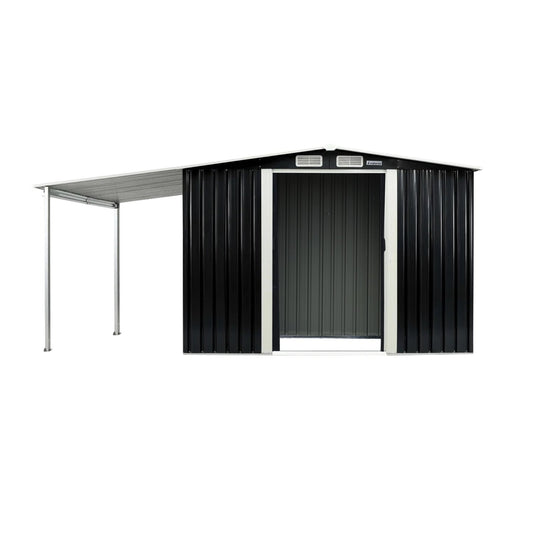 Popular 6x8ft black garden shed with dual storage zones showing main shed and open side storage for Australian backyards
