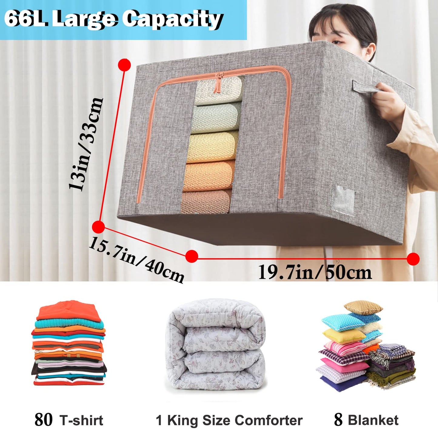 66L Large Storage Box Grey Linen - Foldable Closet Organizer with Metal Frame Wardrobe Storage Australia