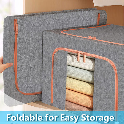 66L Large Storage Box Grey Linen - Foldable Closet Organizer with Metal Frame Wardrobe Storage Australia