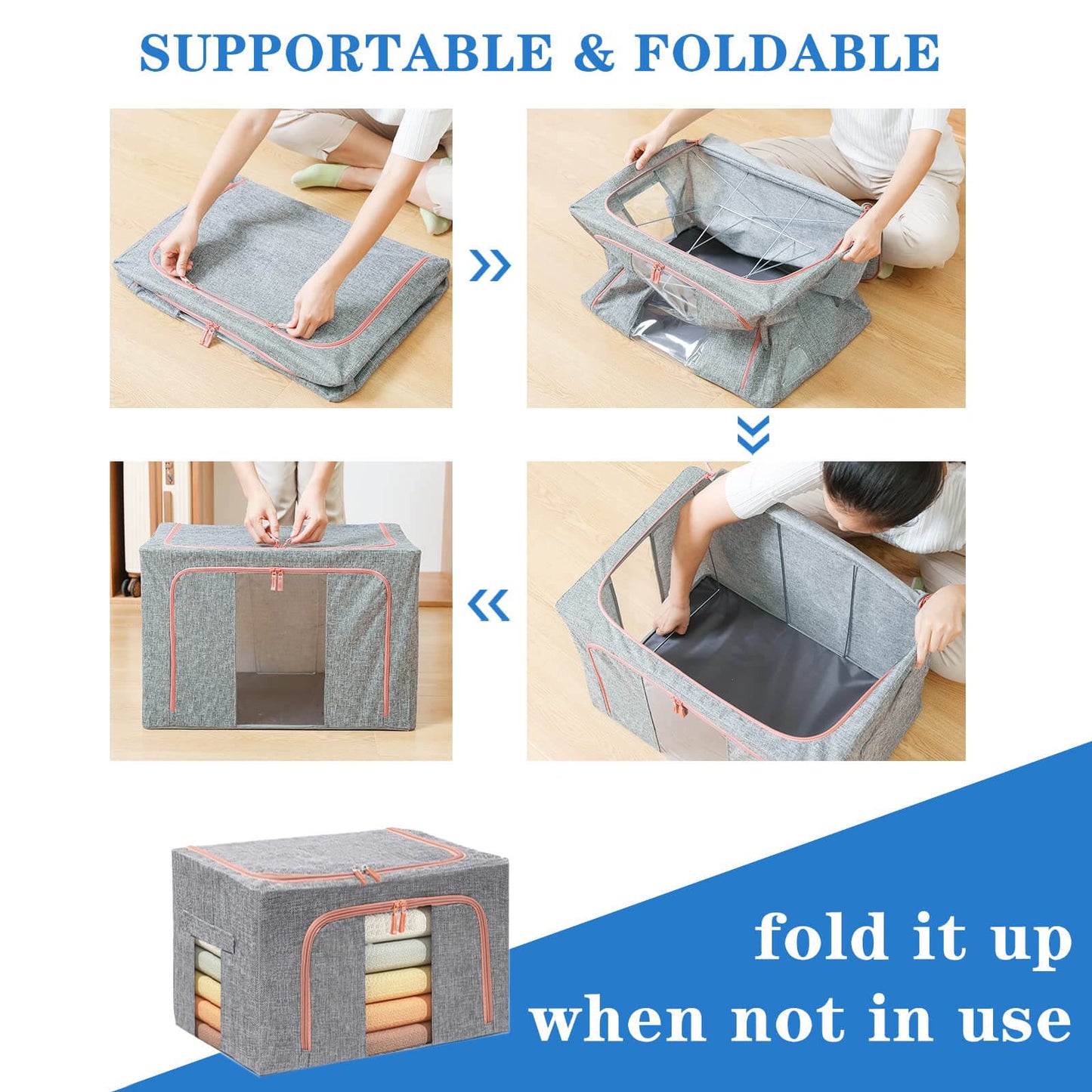 66L Large Storage Box Grey Linen - Foldable Closet Organizer with Metal Frame Wardrobe Storage Australia