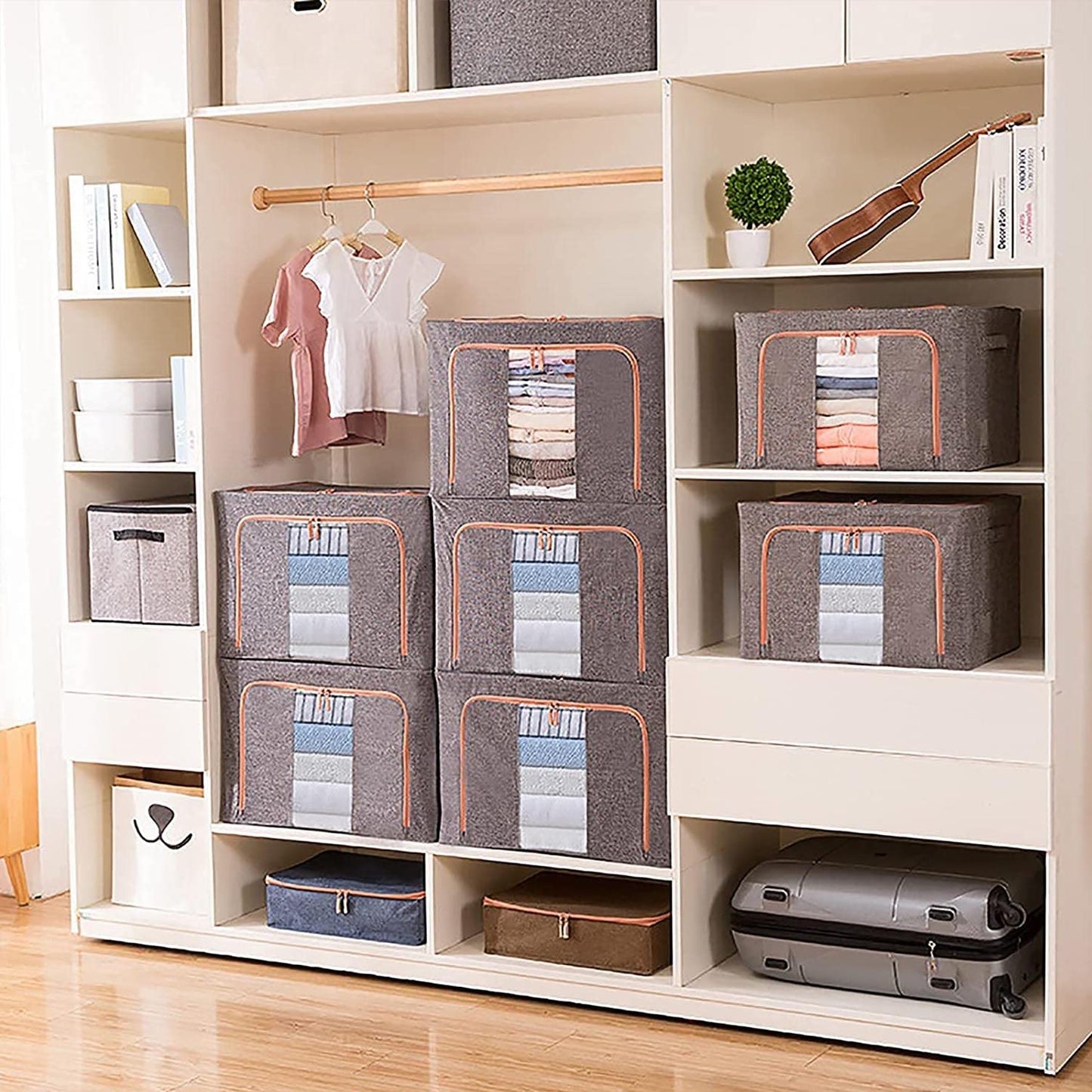 66L Large Storage Box Grey Linen - Foldable Closet Organizer with Metal Frame Wardrobe Storage Australia