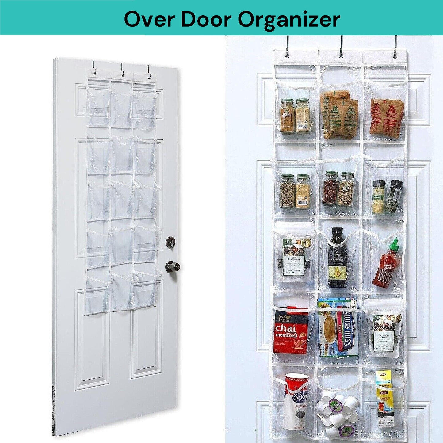 15-Pocket Over-the-Door Hanging Organiser – Transparent PVC Storage Rack for Kitchen, Pantry, Laundry, or Shoes