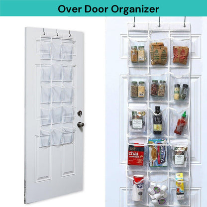 15-Pocket Over-the-Door Hanging Organiser – Transparent PVC Storage Rack for Kitchen, Pantry, Laundry, or Shoes