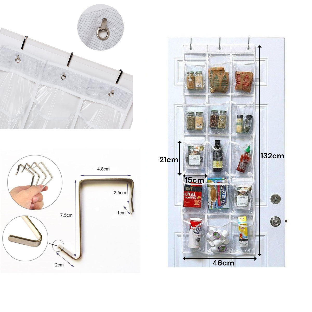 15-Pocket Over-the-Door Hanging Organiser – Transparent PVC Storage Rack for Kitchen, Pantry, Laundry, or Shoes