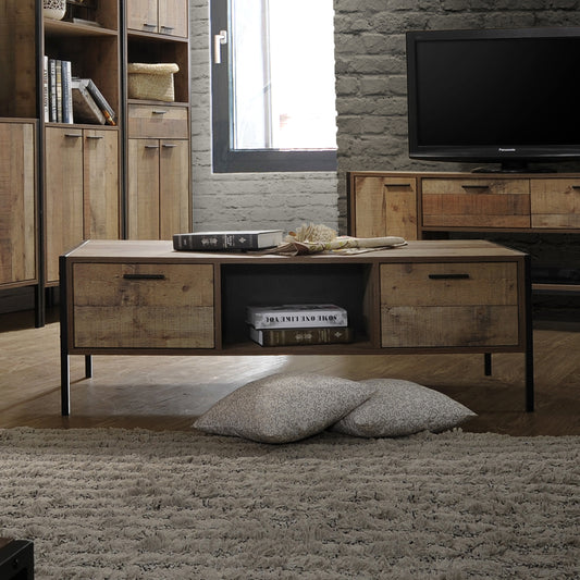 Mascot Coffee Table – Oak Finish with 2 Storage Drawers & Shelf | Modern Industrial Living Room Table