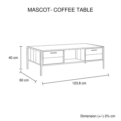 Mascot Coffee Table – Oak Finish with 2 Storage Drawers & Shelf | Modern Industrial Living Room Table
