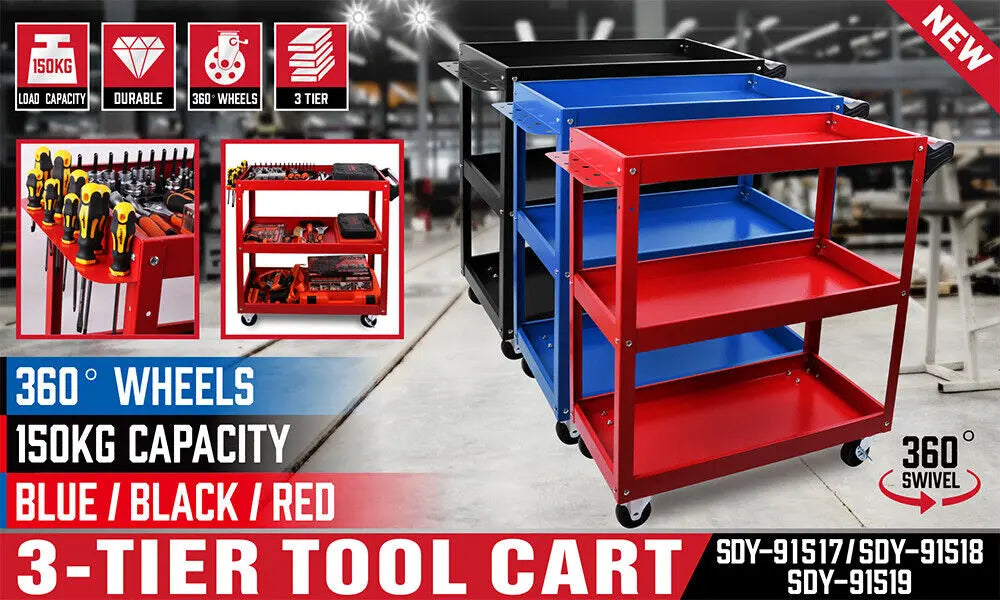 Heavy Duty Tool Cart 150kg | 3-Tier Rolling Workshop Trolley