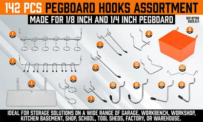 Chrome plated steel pegboard hooks with peg locks for tool storage