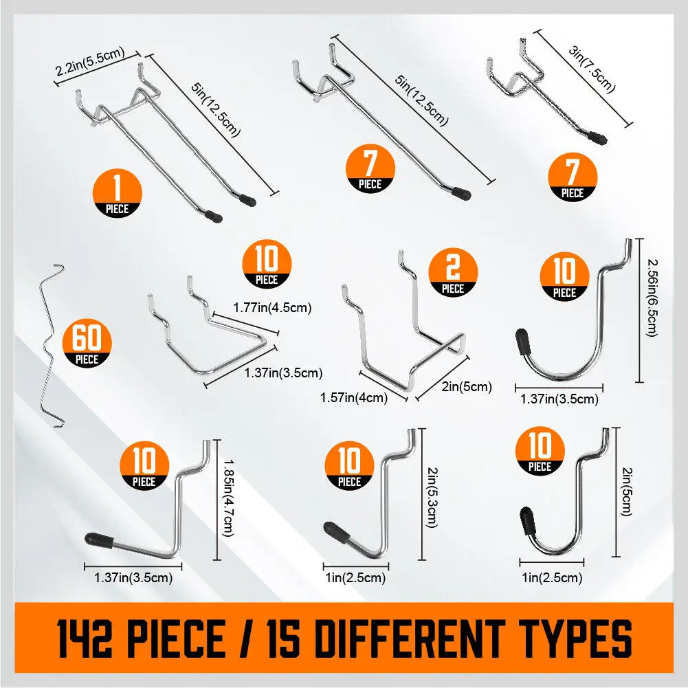 Pegboard Hooks Set 142 Piece | Garage Workshop Tool Organiser Kit with Bins