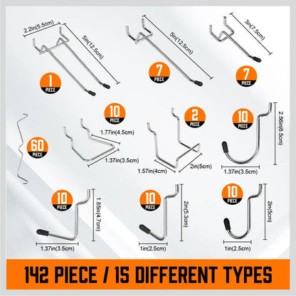 Pegboard Hooks Set 142 Piece | Garage Workshop Tool Organiser Kit with Bins