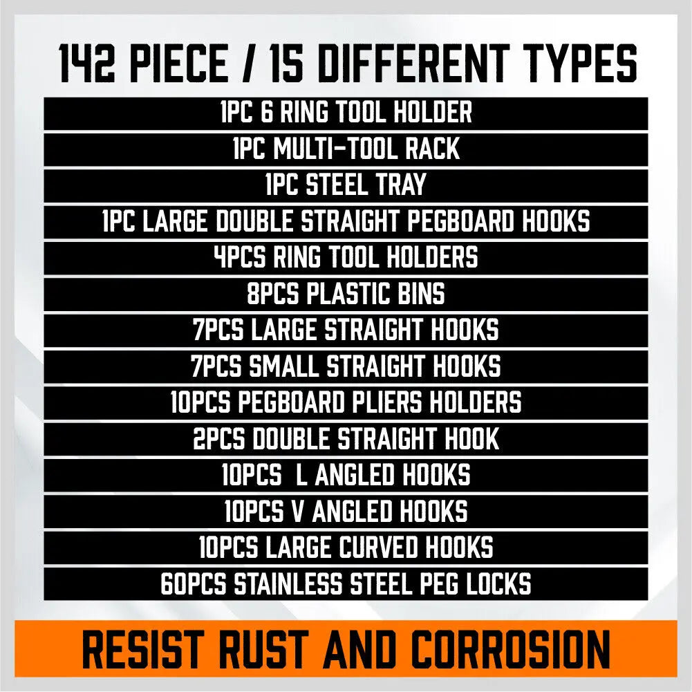 Pegboard Hooks Set 142 Piece | Garage Workshop Tool Organiser Kit with Bins