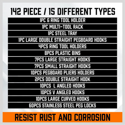 Pegboard Hooks Set 142 Piece | Garage Workshop Tool Organiser Kit with Bins