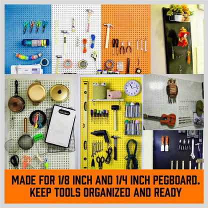 Organized garage pegboard wall with tools hanging on chrome hooks and storage bins