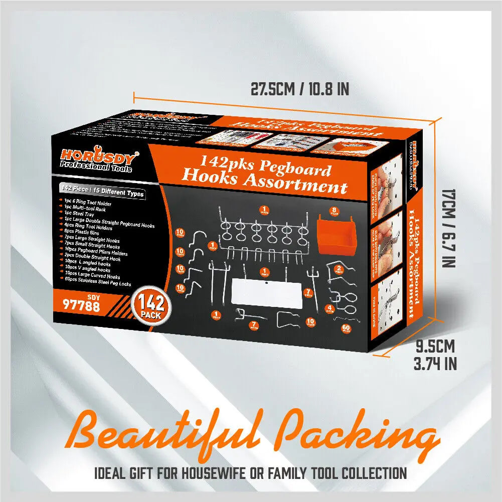 Pegboard Hooks Set 142 Piece | Garage Workshop Tool Organiser Kit with Bins