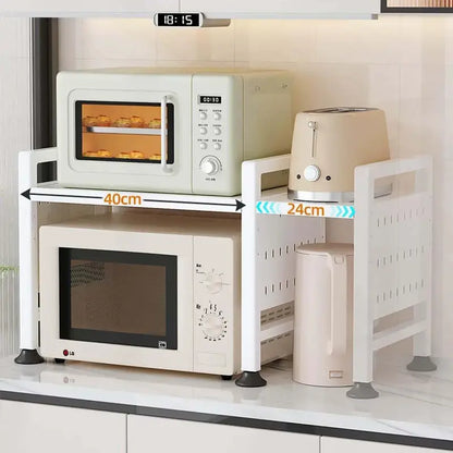 Small kitchen organization with black microwave shelf maximizing storage space