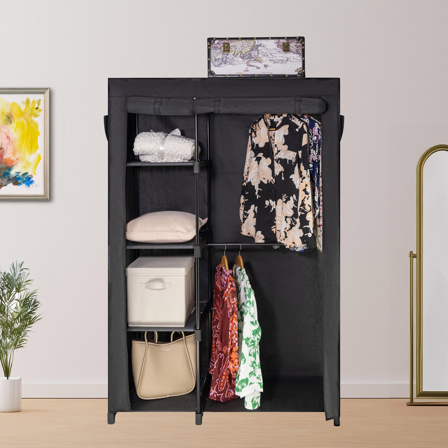 Sorti Freestanding Metal Garment Rack – Portable Clothes Closet with Hanging Rods & Storage Hooks