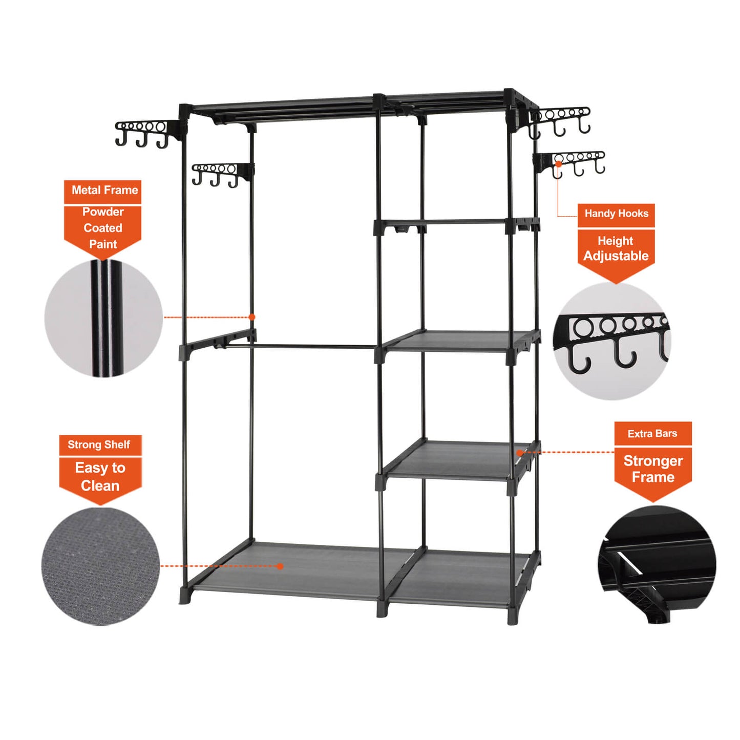 Sorti Freestanding Metal Garment Rack – Portable Clothes Closet with Hanging Rods & Storage Hooks