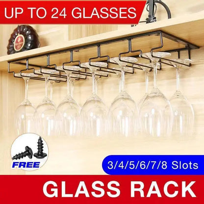Organized kitchen bar with hanging wine glasses on black storage rack