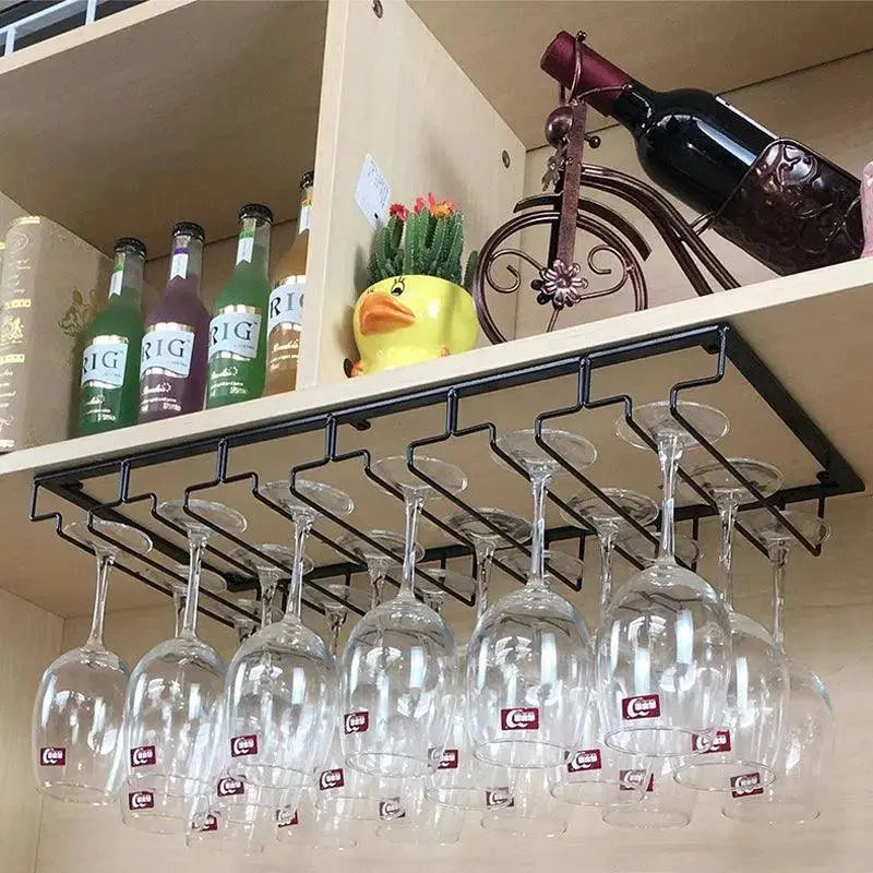 Wine glass rack mounted under kitchen cabinet with hanging stemware