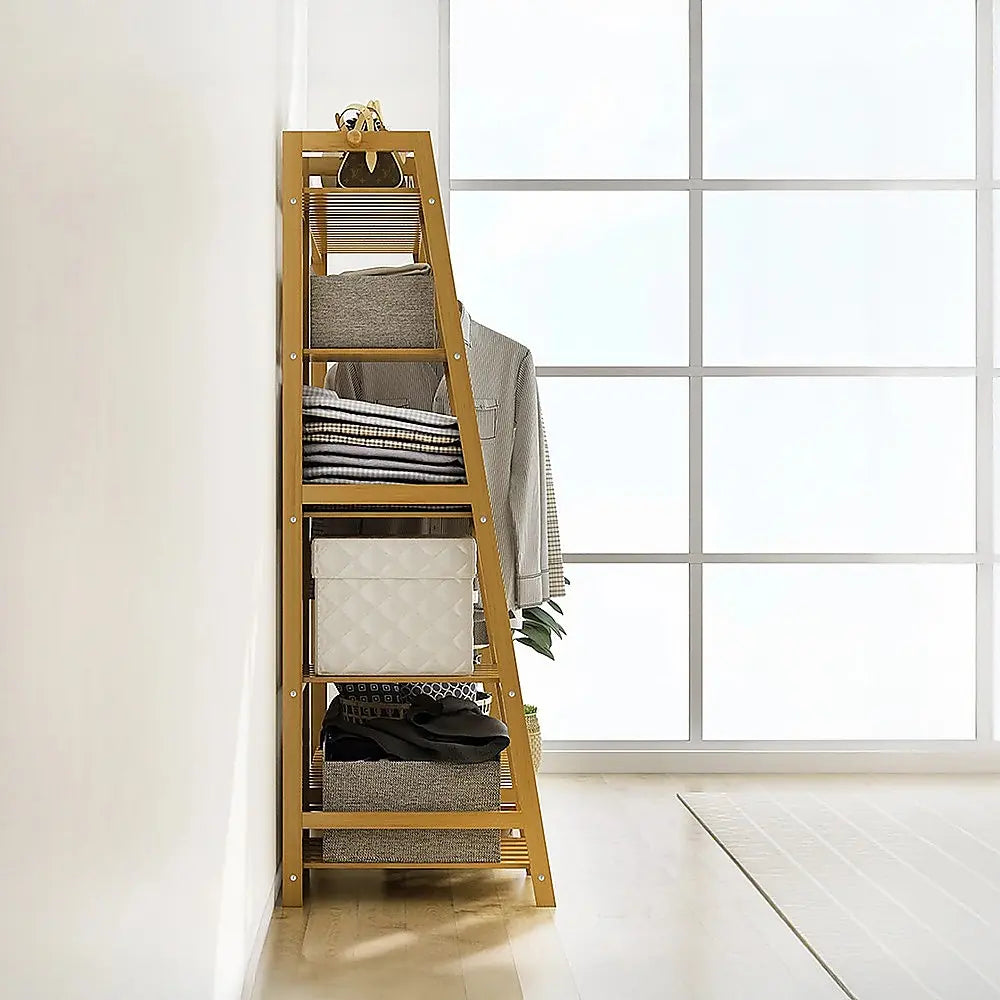 Bamboo Clothes Rack Double Rail 190cm | Portable Garment Organiser with Shelves