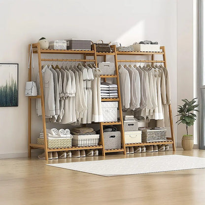 Bamboo Clothes Rack Double Rail 190cm | Portable Garment Organiser with Shelves
