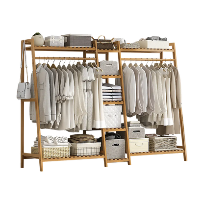 Double rail bamboo clothes rack with 5 shelves for bedroom closet storage