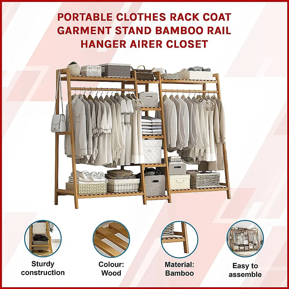 Bamboo Clothes Rack Double Rail 190cm | Portable Garment Organiser with Shelves