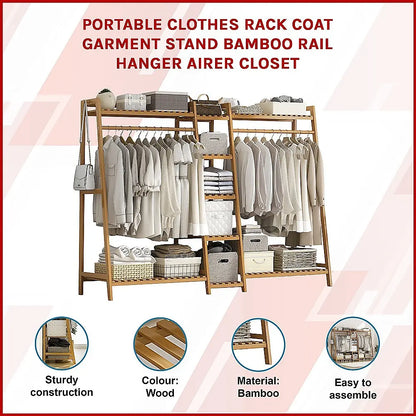 Bamboo Clothes Rack Double Rail 190cm | Portable Garment Organiser with Shelves