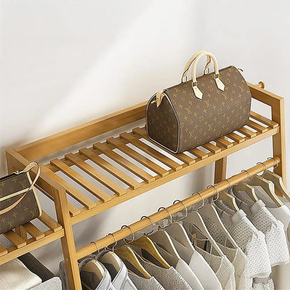 Bamboo Clothes Rack Double Rail 190cm | Portable Garment Organiser with Shelves