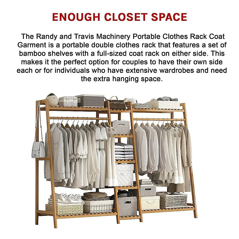 Bamboo Clothes Rack Double Rail 190cm | Portable Garment Organiser with Shelves