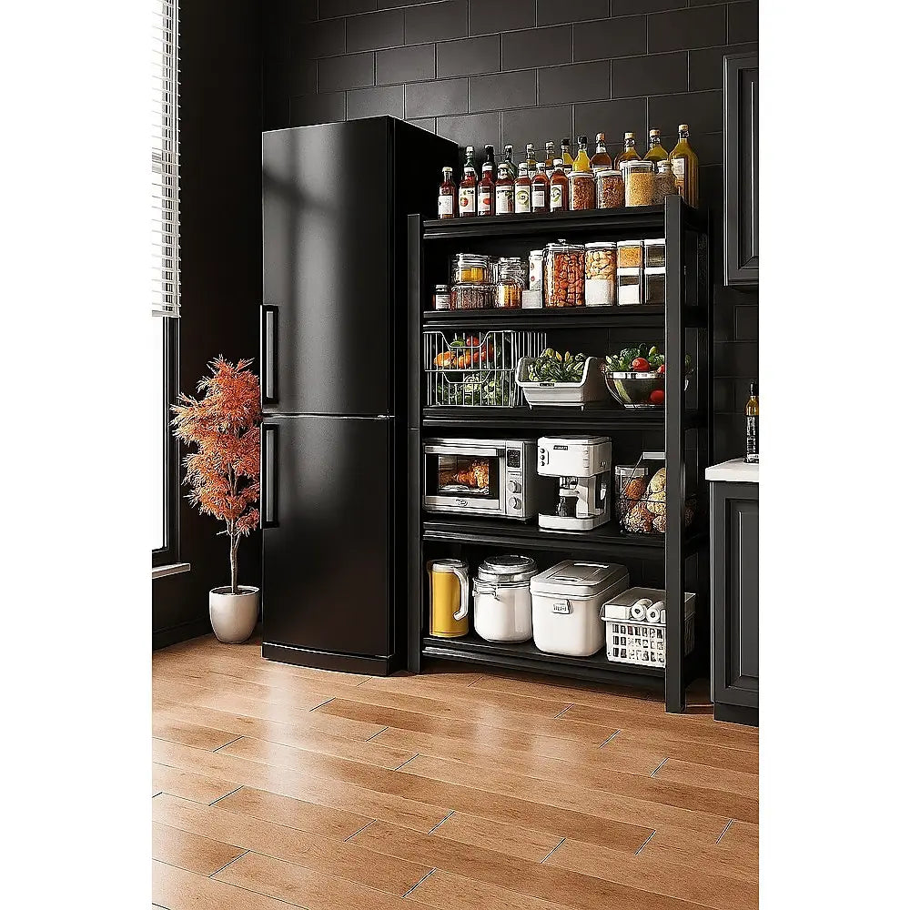 Heavy duty 5-tier metal garage shelving unit in black powder-coat finish for laundry or pantry