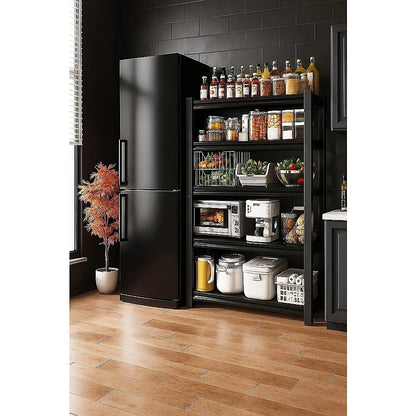 Heavy duty 5-tier metal garage shelving unit in black powder-coat finish for laundry or pantry