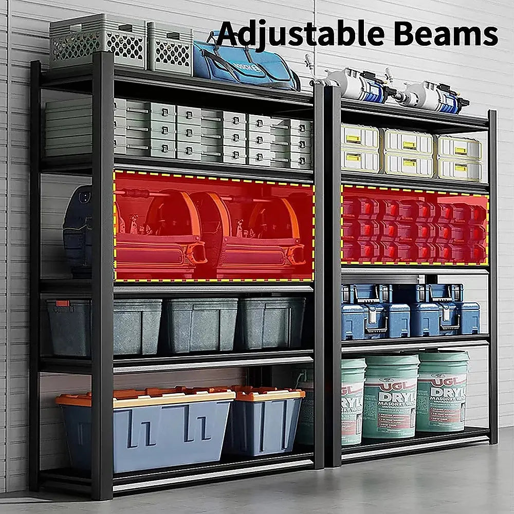 Black steel garage shelving rack installed in workshop with tools and storage boxes on shelves