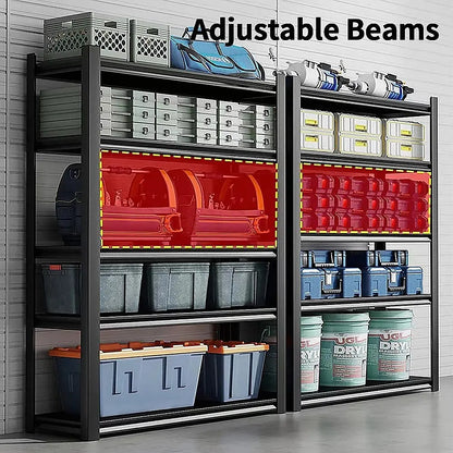 Black steel garage shelving rack installed in workshop with tools and storage boxes on shelves