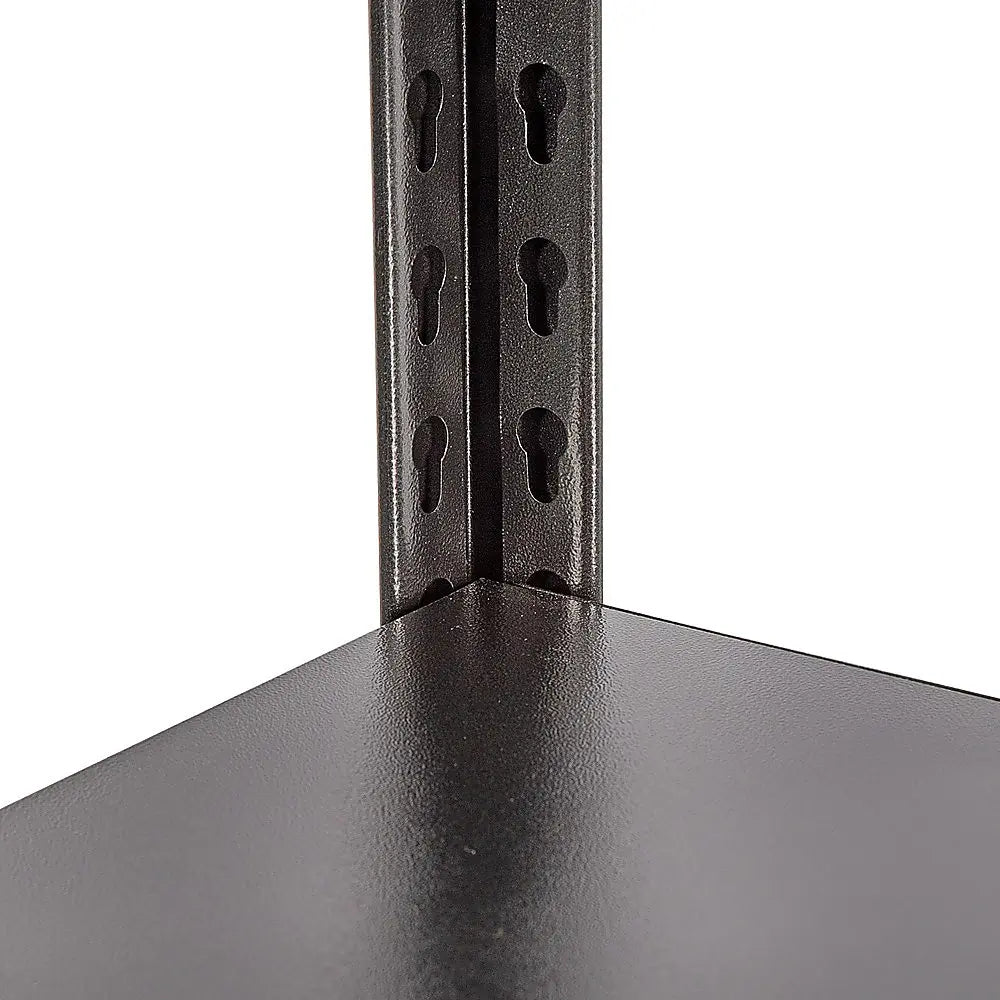 Double-layer galvanised steel upright post close-up on heavy duty garage shelving rack