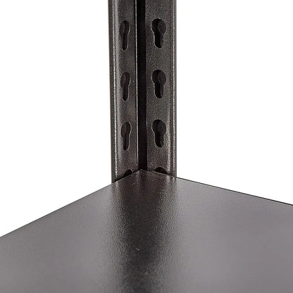 Double-layer galvanised steel upright post close-up on heavy duty garage shelving rack