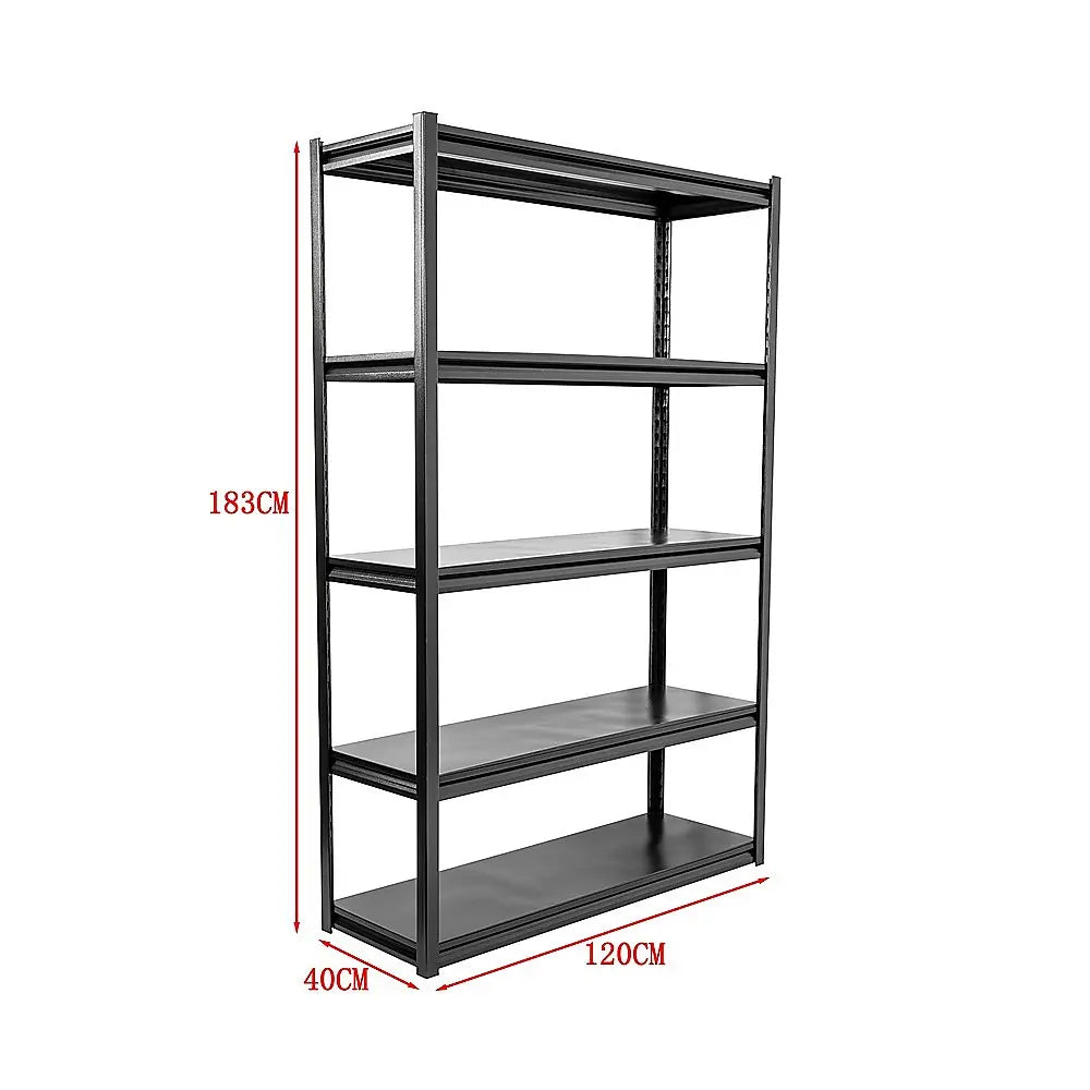 183cm tall 5-tier steel shelving unit in garage showing full height compared to person