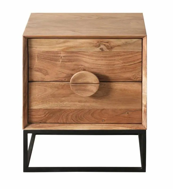 Premium Acacia wood bedside table with black metal legs, 55cm height, natural wood grain, industrial contemporary design for Australian bedrooms