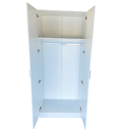 NNECN 2-Door Freestanding Wardrobe with Hanging Rail & Storage Shelf – White MDF Closet