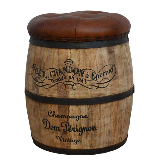 Moët & Chandon Cylindrical Leather Ottoman – Handcrafted Storage Seat with Vintage French Champagne Design
