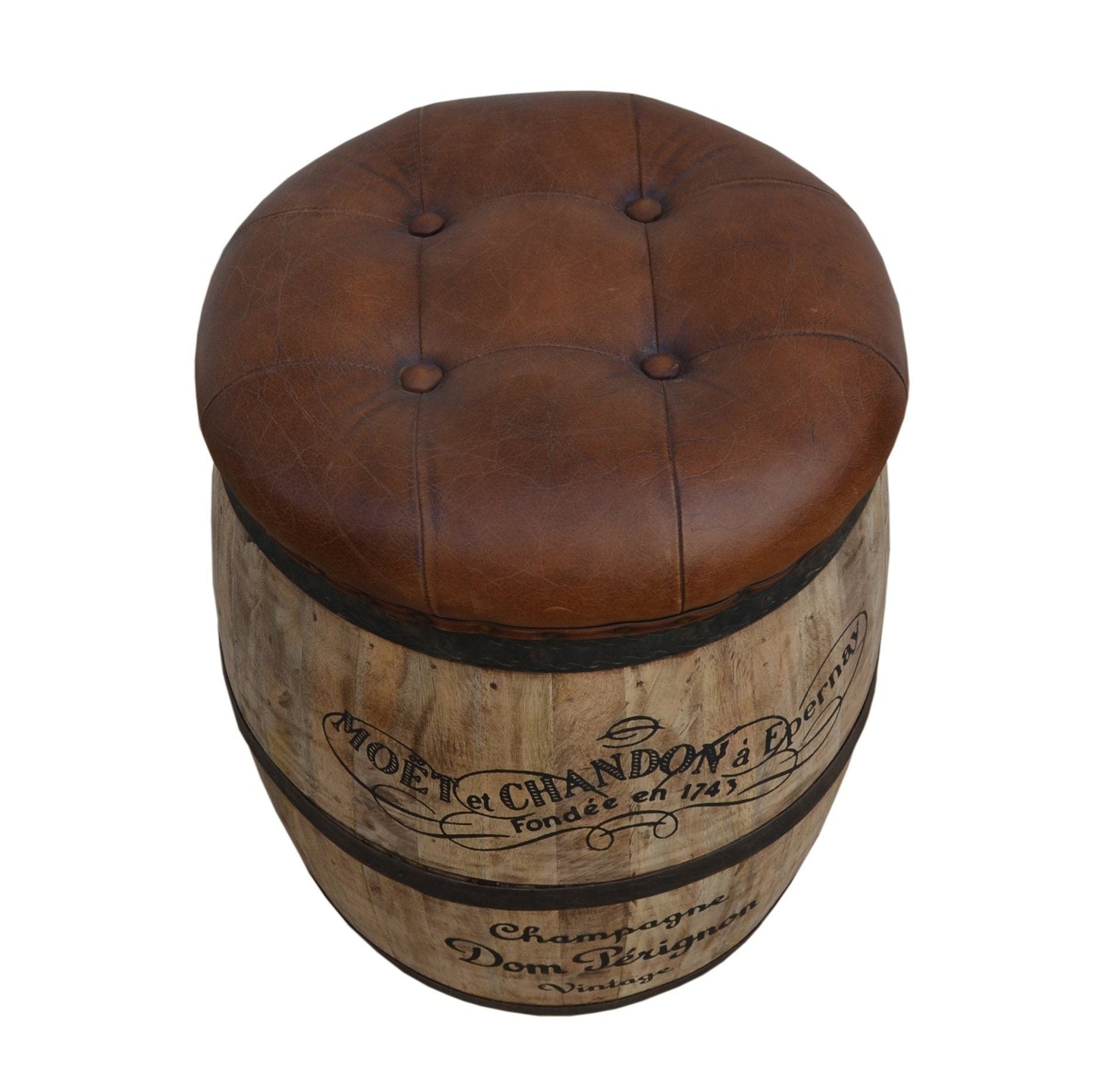 Moët & Chandon Cylindrical Leather Ottoman – Handcrafted Storage Seat with Vintage French Champagne Design