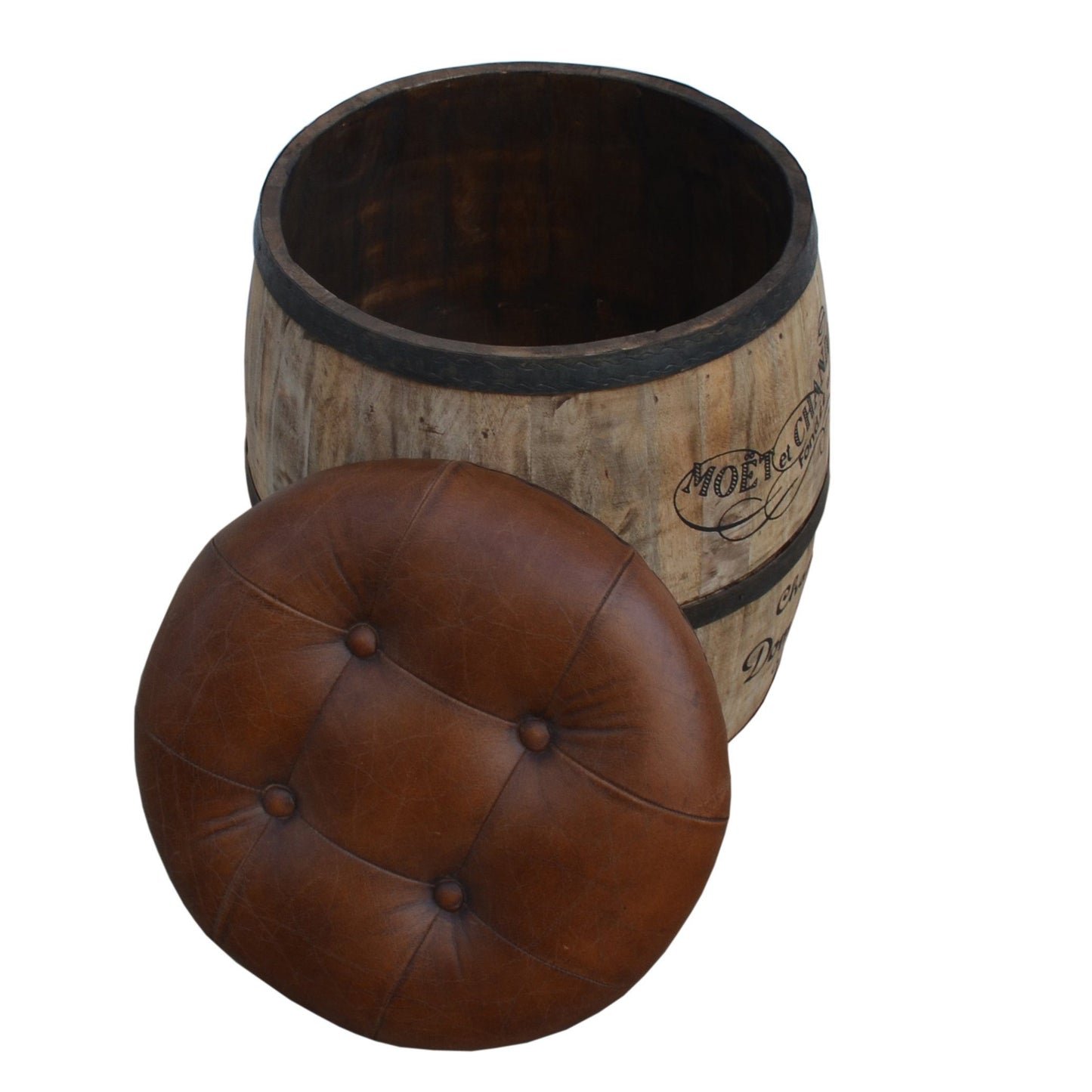 Moët & Chandon Cylindrical Leather Ottoman – Handcrafted Storage Seat with Vintage French Champagne Design