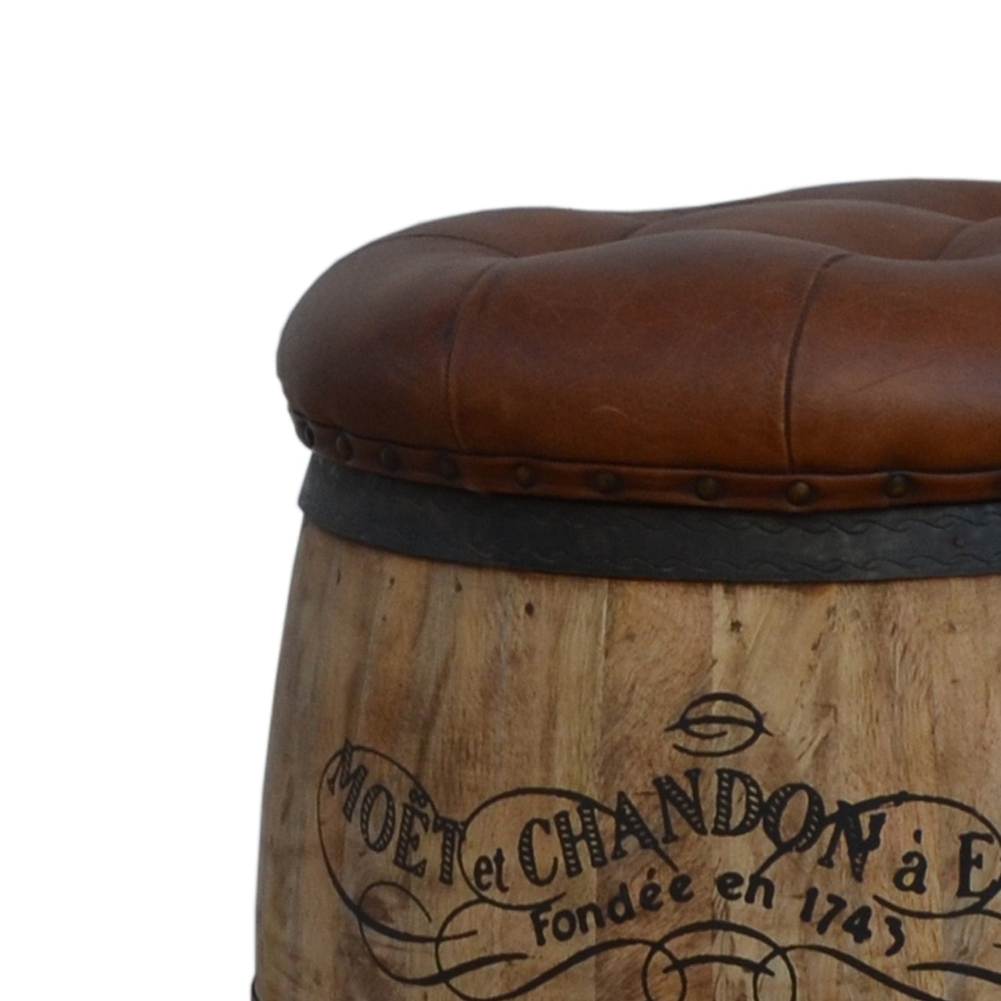 Moët & Chandon Cylindrical Leather Ottoman – Handcrafted Storage Seat with Vintage French Champagne Design