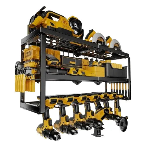 Heavy duty wall mounted power tool organizer with 7 drill holders in black iron finish