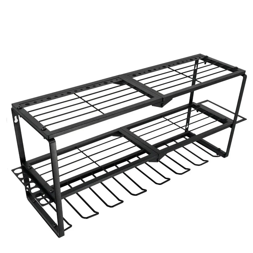Heavy duty iron tool organizer rack unboxed with mounting hardware included