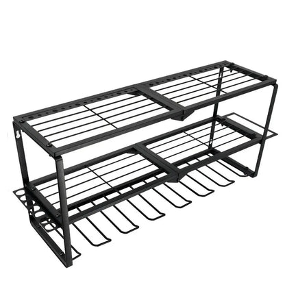 Heavy duty iron tool organizer rack unboxed with mounting hardware included