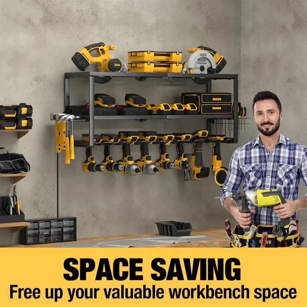 Power tool storage rack mounted on garage wall holding cordless drills and chargers